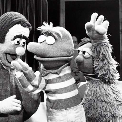 Prompt: bert and ernie playing with human puppets on the set of sesame street