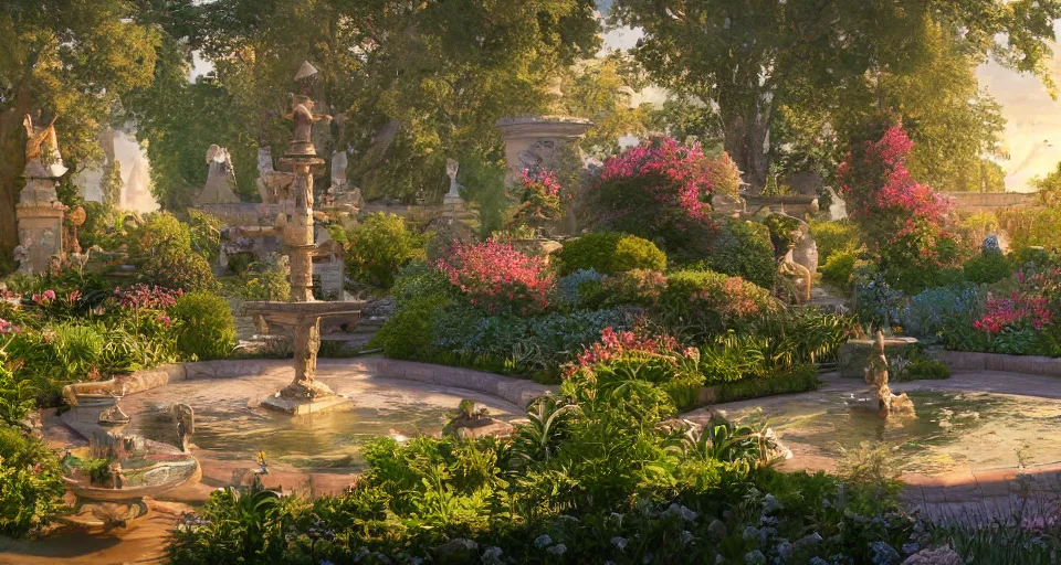 Image similar to Beautiful garden, next to a fountain and a mystical palace, hyperdetailed, artstation, cgsociety, golden hour 8k