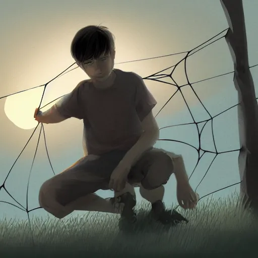 Prompt: the boy who caught the sun in his web, digital concept art, trending on art station