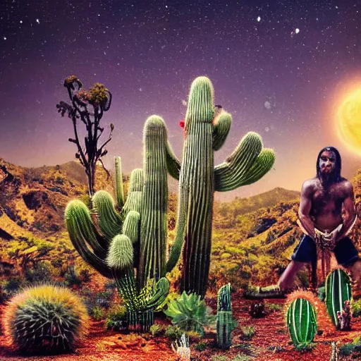 Image similar to spartan in jungle surrounded by cacti, shaman offering peyote, camp fire, full moon with stars, psychedelic surrealism in hyper realistic photo