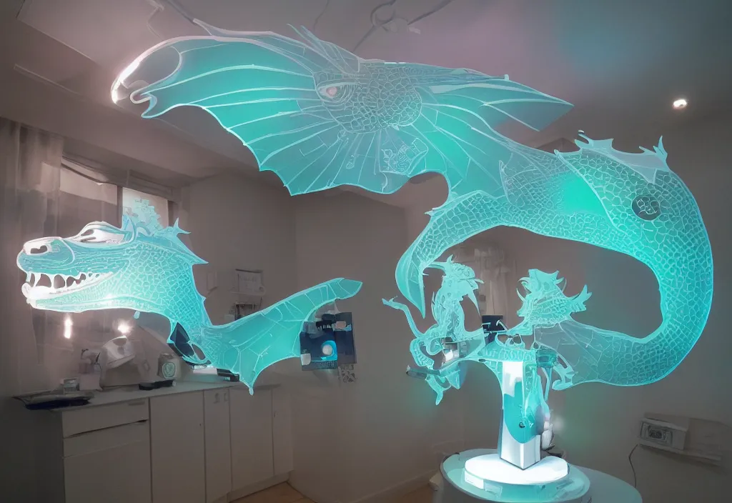 Image similar to curved transparent 3 dtv dragon, volumetric lighting, bedroom, visor, users, pair of keycards on table, bokeh, creterion collection, shot on 7 0 mm, instax