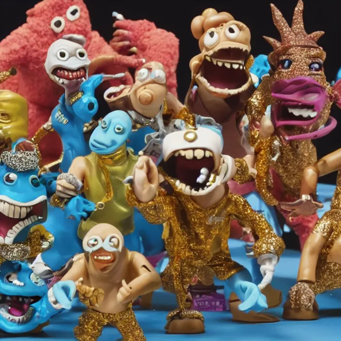 Image similar to hip hop street sharks wearing a ton of bussdown iced gold bling in wallace & gromit claymation