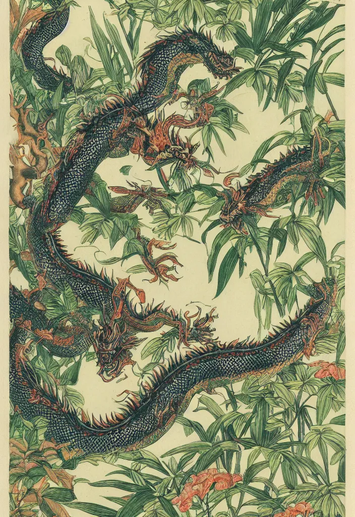 Image similar to vintage chinese dragon in a tropical forest, john james audubon, intaglio, 8 k resolution