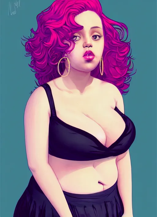 Image similar to full body portrait, teenage vanessa morgan, pink hair, obese, curly pixie hair, sultry, realistic, short hair, hoop earrings, skirt, shirt, fat, belly, black girl, intricate, elegant, highly detailed, digital painting, artstation, concept art, smooth, sharp focus, illustration, art by wlop, mars ravelo and greg rutkowski