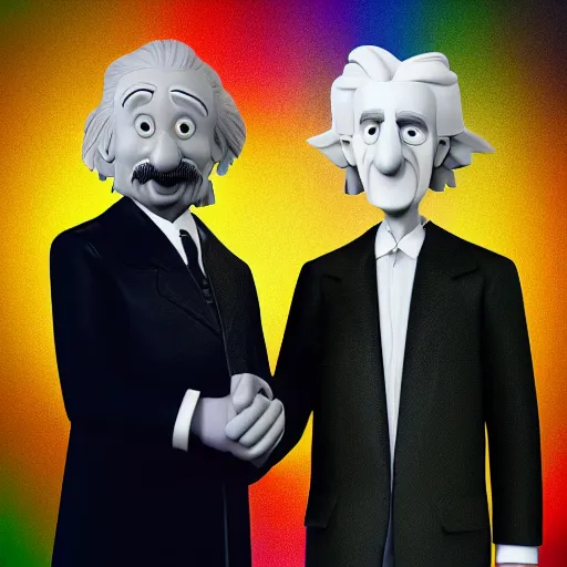 Prompt: 3d render of Albert Einstein and Nikola Tesla handshaking, pixar style, digital art, unreal engine 5, trending on artstation, Vibrant colors, Smooth gradients