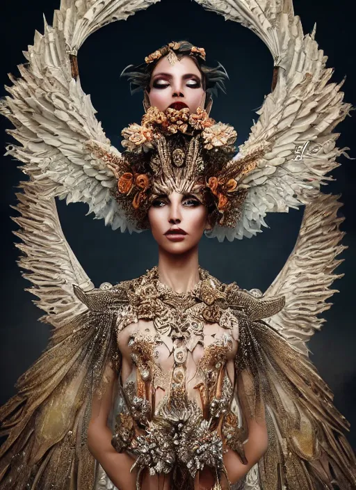 Prompt: expressive full body photo of an angel, ornate headpiece made from flowers, ornaments, glamour shot, by karol bak, by stefan gesell, photorealistic, canon r 3, fashion photography, hyper maximalist, elegant, ornate, luxury, elite, environmental portrait, symmetrical features, octane render, unreal engine, solid dark grey background, dramatic lights