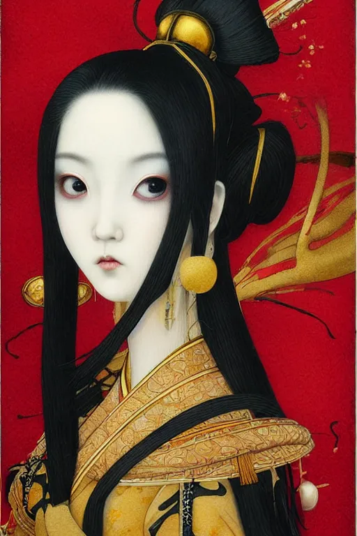 Prompt: watercolor painting of a japanese bjd geisha kiyohime with a long neck by tom bagshaw, amy sol, mark ryden in the style of a tarot card, dark - fantasy, red, gold, black
