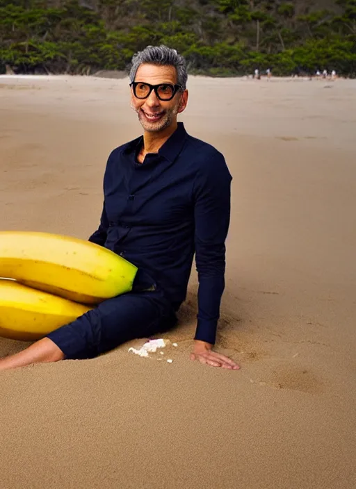 Image similar to jeff goldblum as a banana on the sand of a beach