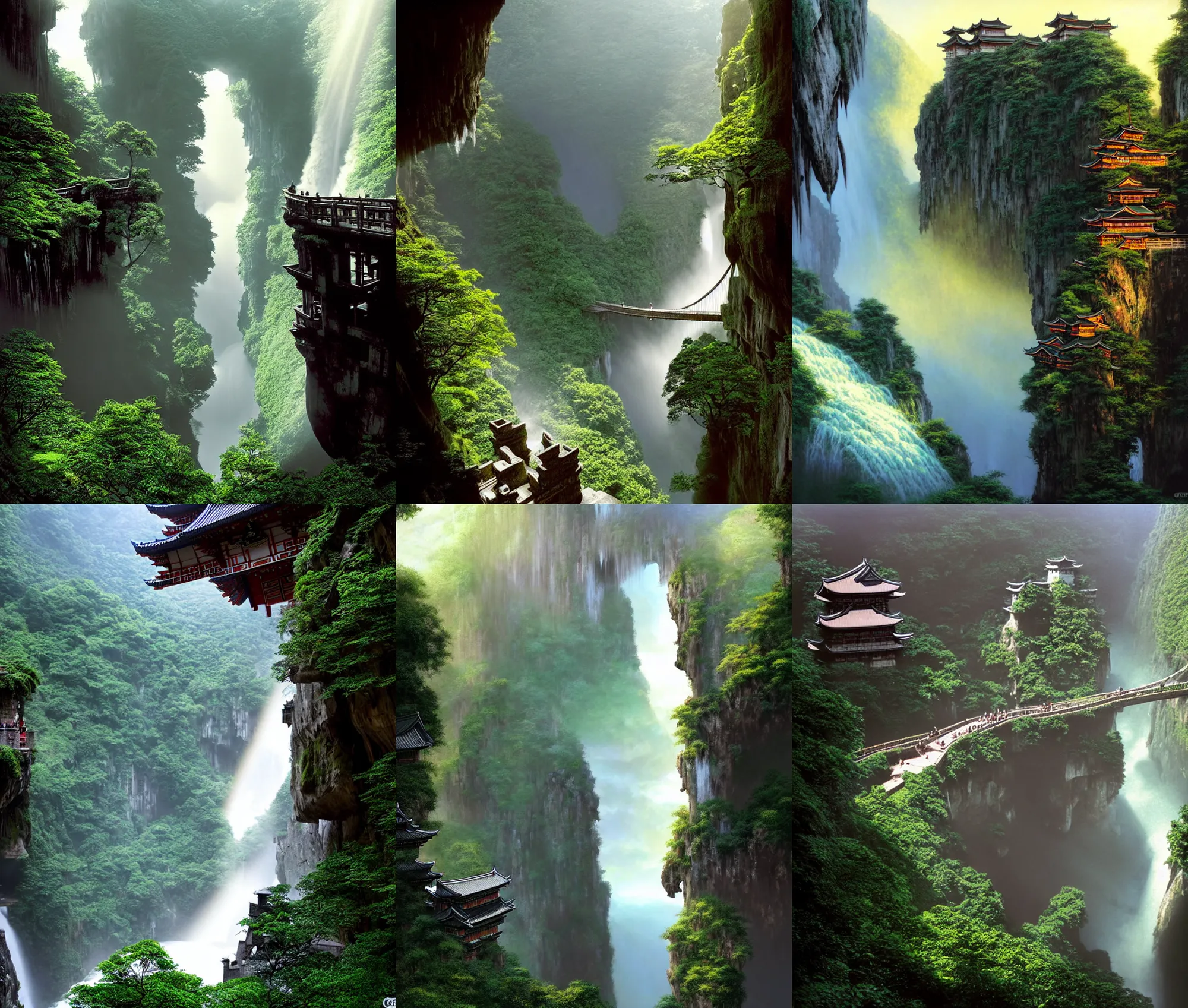 Prompt: establishing wide shot inside han son doong with waterfalls on either side of the cliff walls, at the top of the cliff is a japanese castle, a cloister is built into the cliff walls, an old suspension bridge spans the walls, sunny morning light, sunbeam, saturated colors, fantasy movie lighting, digital concept art by greg rutkowski and gerald brom and james gurney