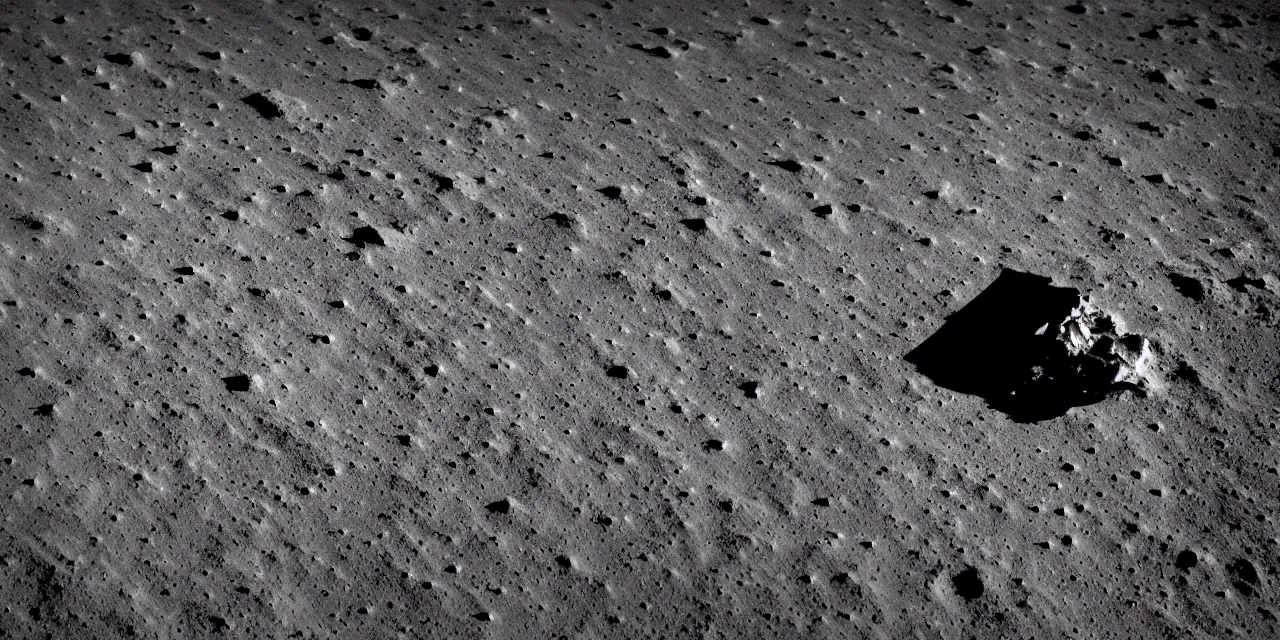 Image similar to black and white photo from the bright surface of the moon, rocket landing on moon, stars and space in the dark background, interstellar, christoper nolan, cinematic film still, sharp focus, high contrast, wide angle view, astrophotography, 4 k