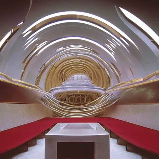 Prompt: interior of a futuristic organic scifi temple with gold, red and white marble panels, in the desert, by buckminster fuller and syd mead, intricate contemporary architecture, photo journalism, photography, cinematic, national geographic photoshoot