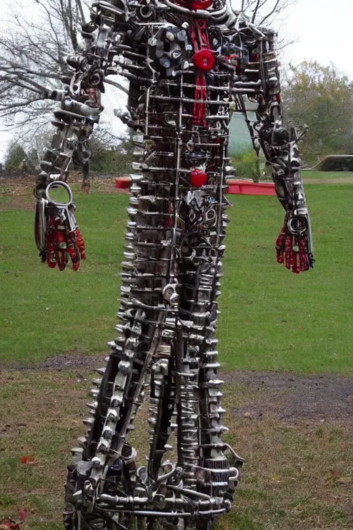 Image similar to an ironman full body sculpture made out of nut, bolts, screws, pipes, gears, and other spare parts