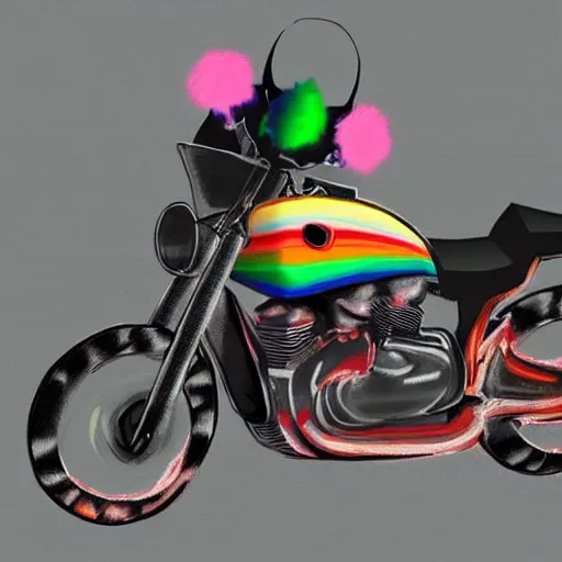 Prompt: wide angle full body, jacket wearing fluffy cute rainbow kitten wearing a black leather motorcycle jacket, cinematic concept art