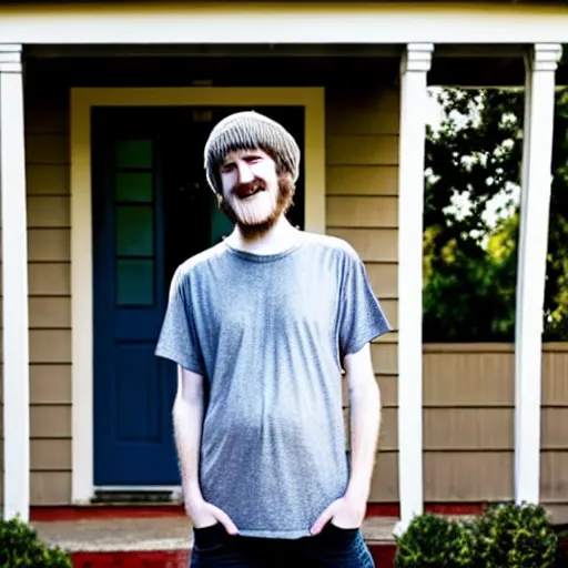 Image similar to bearded bo burnham outside of his house, smiling and dancing