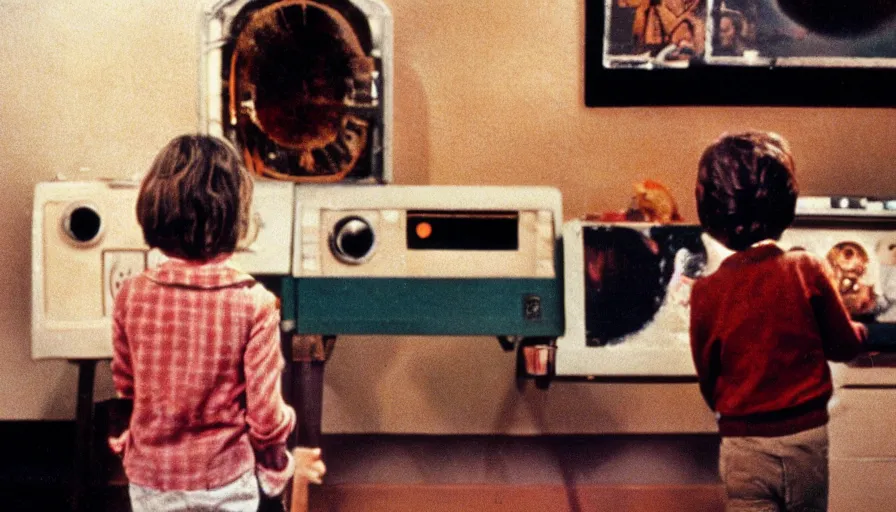 Image similar to 7 0 s film still from a horror movie about kids playing atari, kodachrome, cinecolor, cinestill, film grain, film texture, retro, cinematic, high resolution, photorealism,