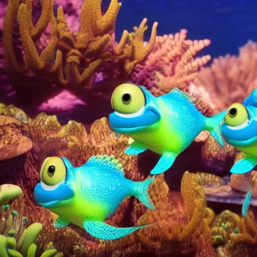 Image similar to smiling baby fish aquatic dinosaurs with glowing blue phosphorescent textures throughout their skin. rendered by pixar.