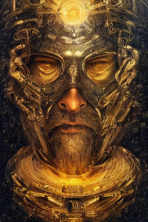 Prompt: mythological odin all father god of thunder and artificial intelligence creating himself with an artificial neural network with gold synapses, high resolution, award winning art, trending on art station, sharp image, incredibly detailed, detailed character realistic painting