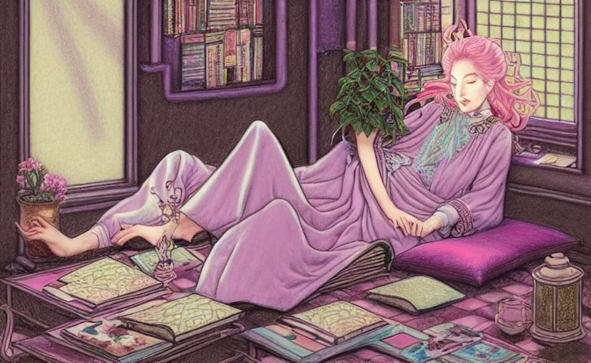 Image similar to a pastel drawing of a woman wizard, ornate clothing, lounging on a purpur pillow on the marbled checkered floor in her study room reading an ancient tome. to the side is a potted plant, moody candlelit raytracing. ancient scifi fantasy setting. detailed face, sharp focus. by chie yoshii and charles vess