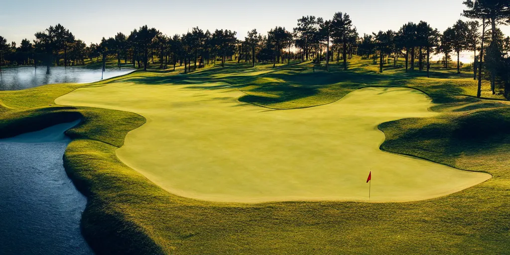 Image similar to a great photograph of the most amazing golf hole in the world completely surrounded by water, calm water, perfect light, ambient light, miniature, tilt shift lens, golf digest, top 1 0 0, fog