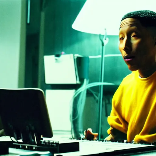 Image similar to cinematic film still of Pharrell Williams Making A Beat with an anthropomorphic alien, Japanese VFX, 2018, 400mm lens, f1.8, shallow depth of field,film photography