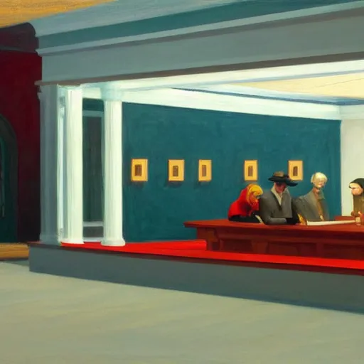 Prompt: a modern dining room design in the style of the nighthawks by edward hopper using unreal engine trending on artstation