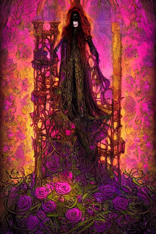 Image similar to Psychedelic black light style, nostalgia of a fairytale, elegant fairytale tower covered in roses, full body portrait of medieval princess, cottagecore, Exquisite, dramatic lighting, by Marc Simonetti, Colleen Doran