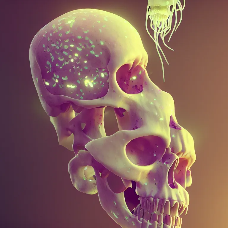 Image similar to portrait of skull and orchids, bio luminescent jellyfish, intricate artwork by Tooth Wu and wlop and beeple. octane render, trending on artstation, greg rutkowski very coherent symmetrical artwork. cinematic, hyper realism, high detail, octane render, 8k