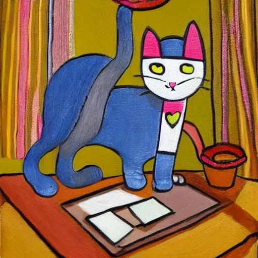 Prompt: cat on the table, village, painting in style of cecilia costa and farah atassi