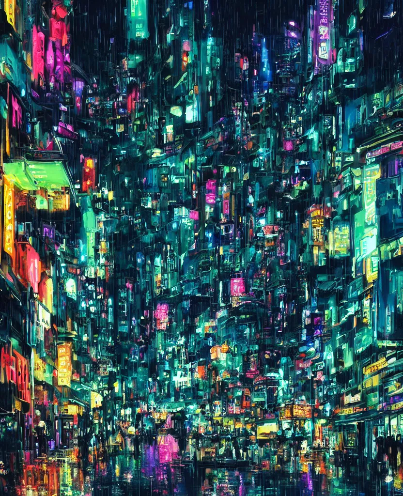 Image similar to cluttered futuristic city at night, night clubs and neons, rain, girl under lantern, by Sean Foley