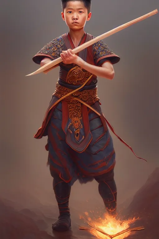 Image similar to a masterpiece portrait of nezha, highly detailed, boy hold spear, chinese fantasy, highly detailed, digital painting, trending on artstation, concept art, sharp focus, illustration, global illumination, ray tracing, realistic shaded, art by artgerm and greg rutkowski and fuji choko and viktoria gavrilenko and hoang lap