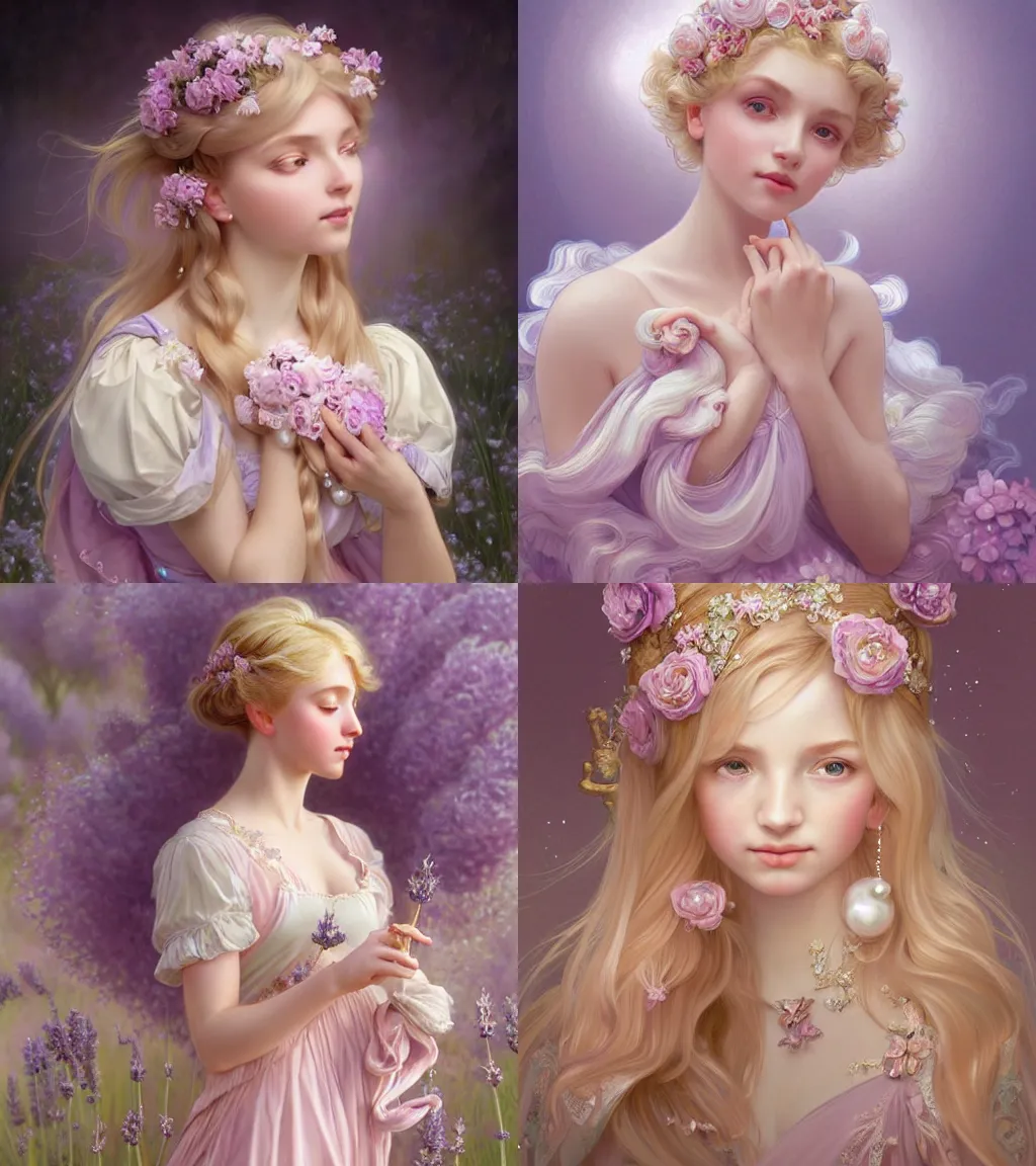 Prompt: portrait of magical young blonde girl, dreamy and ethereal, lavender and blush pink accents, peaceful expression, ornate frilly dress, fantasy, intricate, elegant, beautiful pearls around her, highly detailed, digital painting, artstation, concept art, smooth, sharp focus, illustration, art by artgerm and mark ryden and alphonse mucha