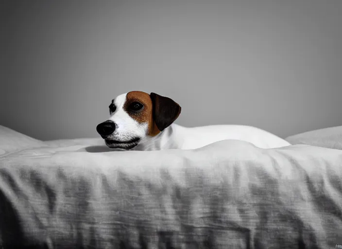 Image similar to photography of a Jack Russel . watching outside the window. on a bed. in a white room.,volumetric light, photorealistic,, award winning photo, 100mm, sharp, cloth, high res