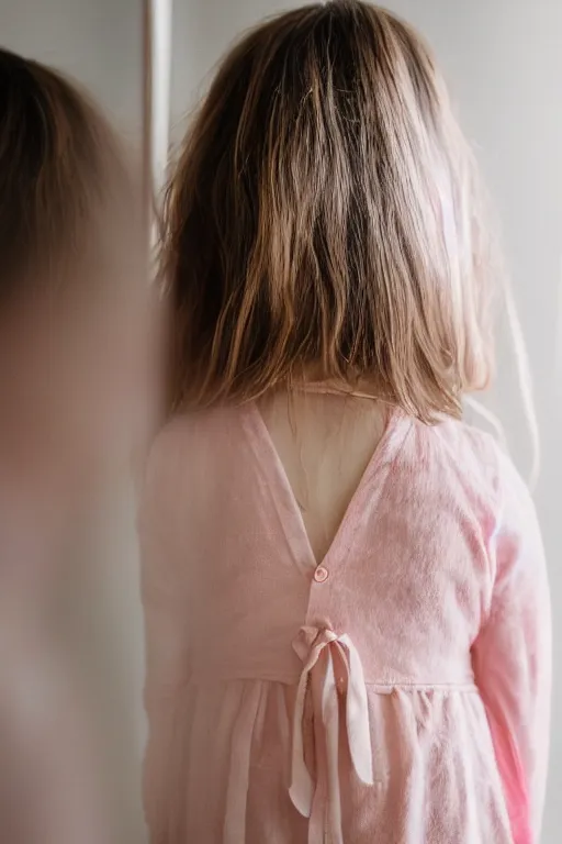 Image similar to photo from behind, girl looking in a mirror, 3 5 mm, bokeh, soft lighting, colors,