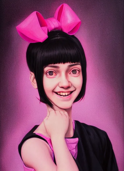 Image similar to portrait of high school girl, realistic, black hair, bangs, half updo hairstyle, pointy nose, skinny, smile, ugly, defined jawline, big chin, pink hair bow, earrings, intricate, elegant, glowing lights, highly detailed, digital painting, artstation, sharp focus, illustration, art by wlop, mars ravelo and greg rutkowski