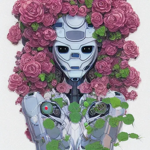 Image similar to mecha robot wrapped in flowers & vines, art by james jean & hsiao - ron cheng, colourful, sharp, detailed, digital painting, illustration, intricate detail, pinterest, behance, art station,