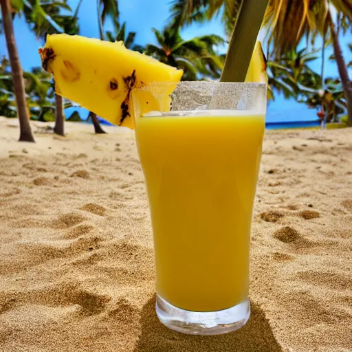 Prompt: pineapple juice chilling on the beach lying in a sun bed, realistic, hdr, clear image, hdd, dynamic lighting, rtx on,