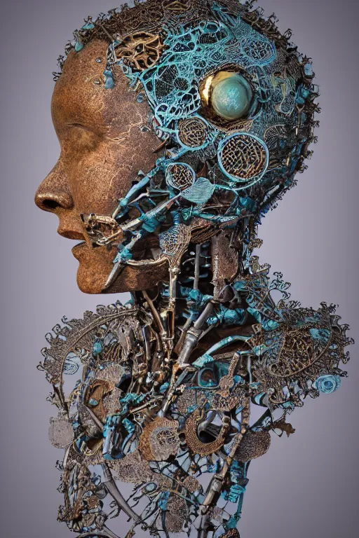 Prompt: complex 3d render ultra detailed of a beautiful steel old woman face, broken. rusty biomechanical cyborg, analog, 150 mm lens, beautiful natural soft rim light, big leaves and stems, roots, fine foliage lace, turquoise gold details, Alexander Mcqueen high fashion haute couture, art nouveau fashion embroidered, intricate details, mesh wire, mandelbrot fractal, anatomical, facial muscles, cable wires, elegant, hyper realistic, in front of dark flower pattern wallpaper, ultra detailed, volumetric lighting, 8k post-production