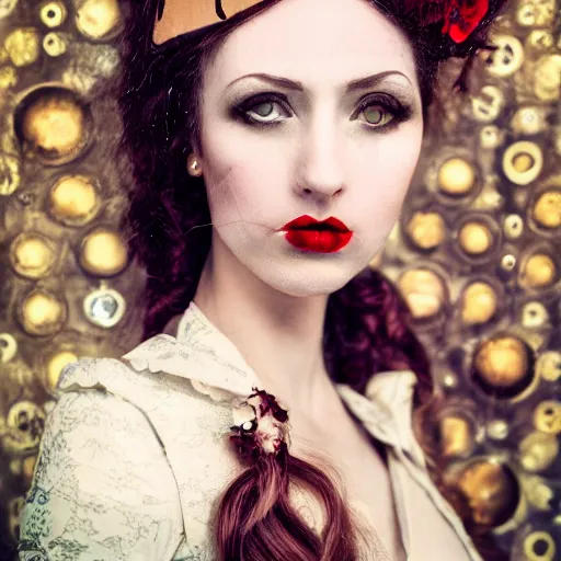 Image similar to A beautiful portrait of a lady vampire, steampunk, photography, 35mm, soft light, cinematic, klimt