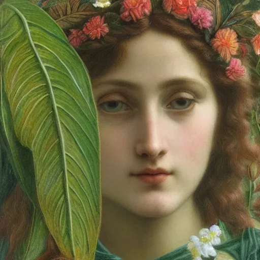 Prompt: Pre-Raphaelite goddess of nature in the style of John William Godward, close-up portrait, in focus, flowers and plants,