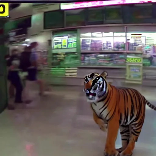 Prompt: CCTV footage of a tiger at 711