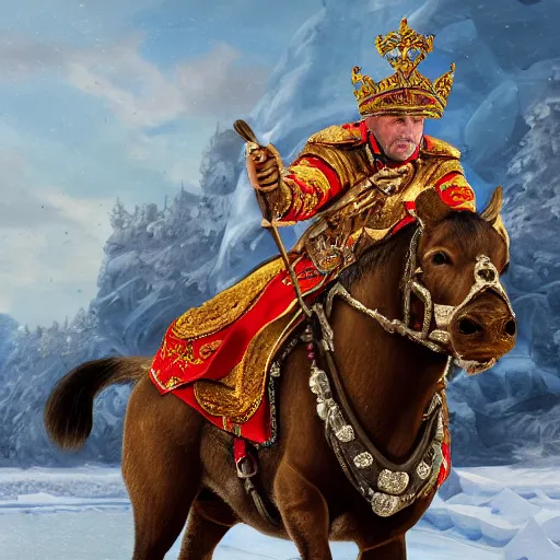 Image similar to an extremely realistic portrait depicting the coronation of viktor orban dressed in royal national costume, riding a hog on the frozen danube, close up, intricate, elegant, highly detailed, digital painting, artstation, concept art, smooth, sharp focus, illustration,