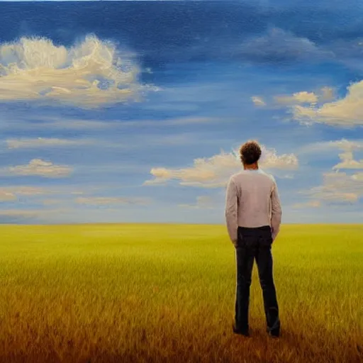 Image similar to a man standing in a open field with a rift in the sky, wide angle shot, hd, intricate detail, painting