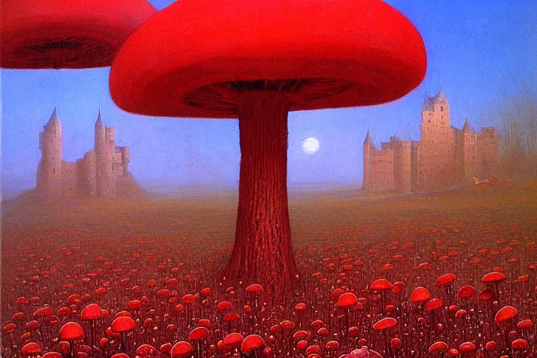 Prompt: only with red, red mushrooms of different types, a red tiger, a castle in the background, medieval demons dance over the flowers, an ancient path, in the style of beksinski, part by hopper, part by rodcenko, part by hofbauer, intricate composition, red by caravaggio, insanely quality, highly detailed, masterpiece, red light, artstation