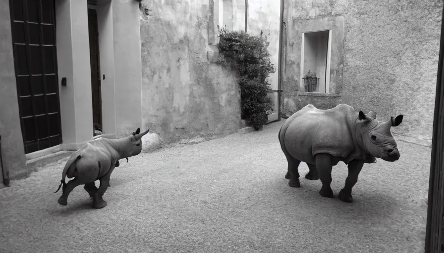 Image similar to a rhinoceros in a southern france townhouse, by mini dv camera, very low quality, heavy grain, blurry, caught on trail cam