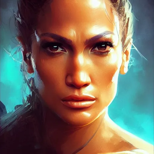 Image similar to “Portrait of Jennifer Lopez by Greg Rutkowski, young, attractive, highly detailed portrait, scifi, digital painting, artstation, concept art, smooth, sharp foccus ilustration, Artstation HQ”