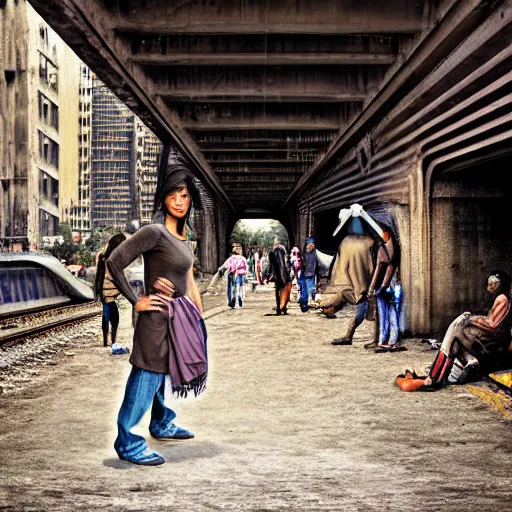 Prompt: poor people life under railway bridge, digital art, digital painting, award winning, hyper realistic, realistic human, hyper details, style by steve mccury and annie leibovitz and chindy sherman