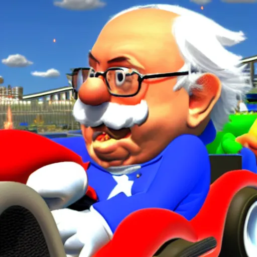 Prompt: Bernie Sanders in Mario Kart