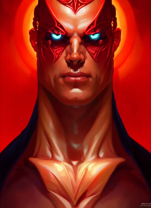 Image similar to symmetry!! portrait of a evil man, glowing red eyes!! muscular, robes! intricate, elegant, highly detailed, digital painting, artstation, concept art, smooth, sharp focus, illustration, art by artgerm and greg rutkowski and alphonse mucha