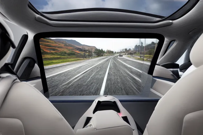 Image similar to a high-detailed picture from the inside of a driving autonomous car without people driving in a city, 8k, photo-realistic