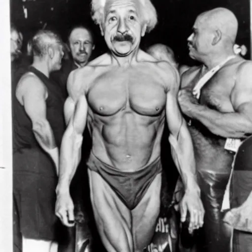 Prompt: Albert Einstein at a body building competition